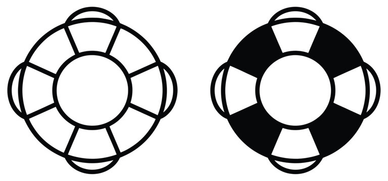 Life buoy icons featuring black filled and stroke styles for water safety, rescue, emergency support, flotation, and maritime protection, vector