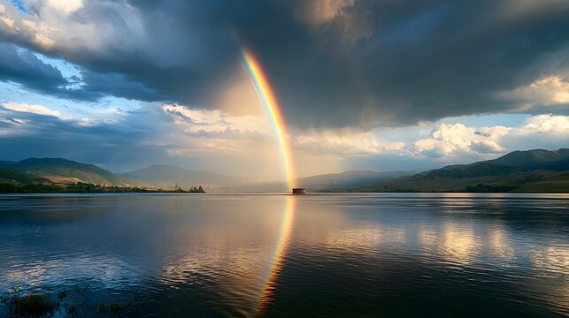 A vibrant rainbow descends into a calm lake with a small structure, framed by rolling mountains and dramatic clouds