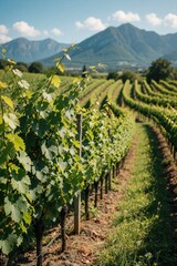 Fototapeta premium Rows of green grapevines stretch across a sunny landscape towards distant mountains. Rich foliage grows on plants in a field. Vineyard plants spread in neat lines under blue sky.