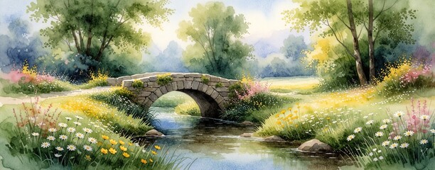 Fototapeta premium Tranquil watercolor painting of small stone bridge over calm stream. Green trees, colorful wild flowers grow near water. Serene nature landscape with soft light, dreamy atmosphere. Peaceful garden