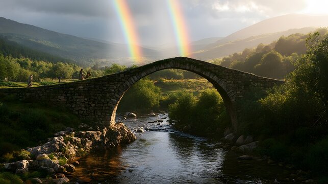 Ancient stone bridge over a river in a lush green valley with a double rainbow in the sky