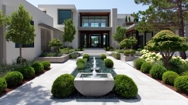 Modern house with garden and water features located in a sunny landscape setting