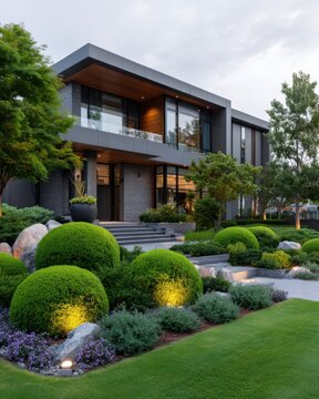 Modern house with garden design in afternoon light showcasing landscaping and architecture in a residential area