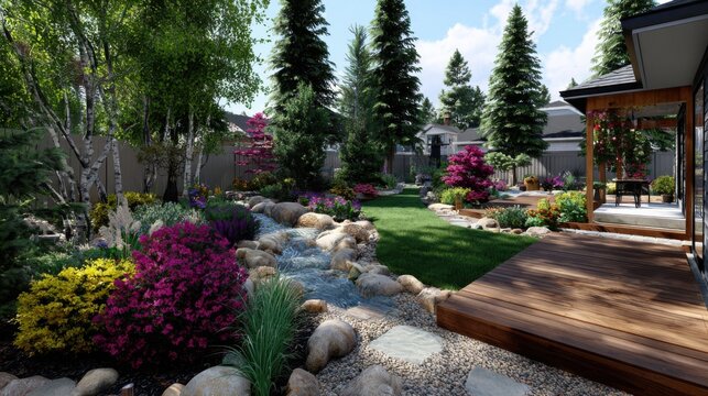 Beautiful garden with stream, flowers, and wooden deck in sunny weather on a clear day