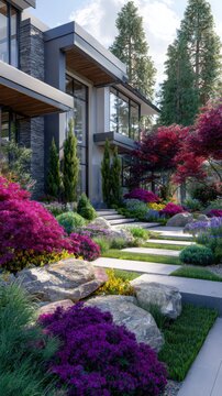 Bright garden with flowers and pathways in front of a modern house during the day