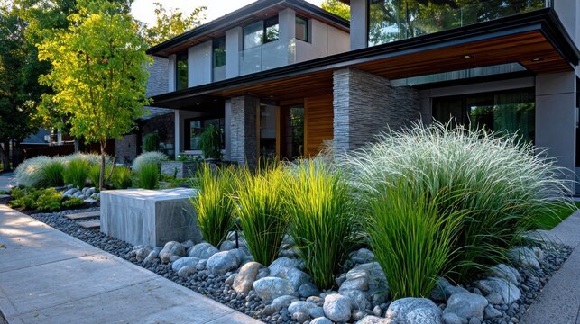 Modern house with garden and stone pathway in bright daylight on a sunny afternoon