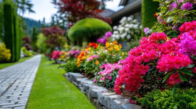 Flower garden alongside stone path with colorful blooms under afternoon sunlight in residential area