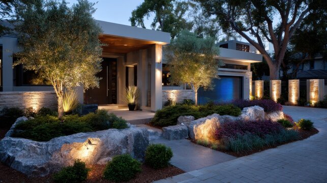 Beautiful evening view of a modern house with rocks, plants, and lights in the front yard on a quiet street