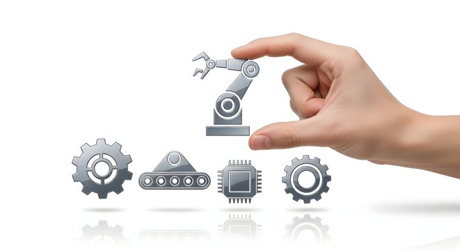 Hand placing a robotic arm icon above various industrial components representing smart factory automation and innovative manufacturing technology concepts