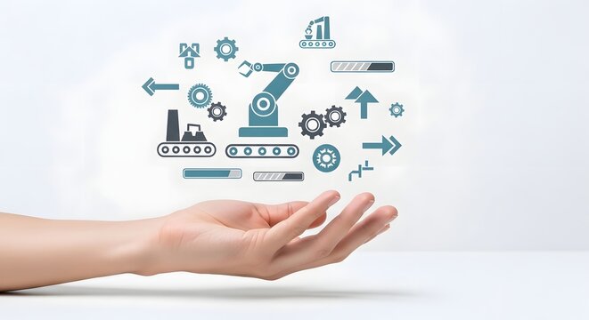 Conceptual vision of future industry An open hand presents icons symbolizing automation, smart manufacturing, and digital transformation progress