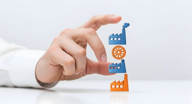 Hand Stacking Industrial Factory Models Representing Sustainable Manufacturing Infrastructure Development and Supply Chain Planning