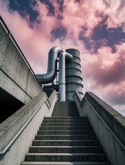 Naklejka premium Concrete stairs ascend towards a large industrial chimney and pipes against a dramatic pink and blue cloudy sky. The scene conveys a sense of industrial progress or urban journey.