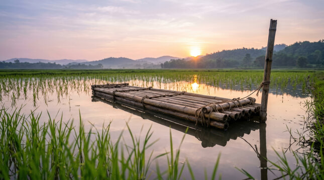 Floating bamboo raft anchored on calm flooded rice paddy field at sunset during golden hour for rural agricultural stock media.