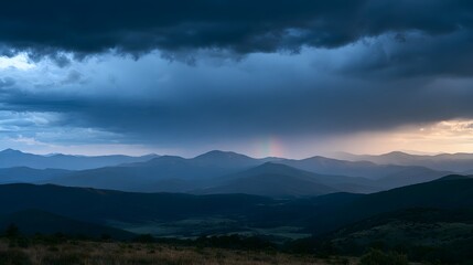 Naklejka premium A faint rainbow segment illuminates the dark, moody mountain landscape under heavy storm clouds at dusk