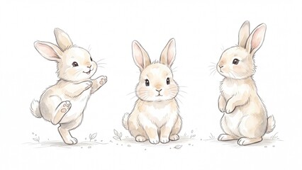 Fototapeta premium Charming collection of three baby rabbits illustrated with soft watercolor textures ideal for spring Easter or pet-themed projects