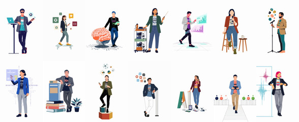 Fototapeta premium Collection of Diverse Professional Characters Engaged in Modern Work, Technology, Science, and Creative Activities Flat Vector Illustrations.