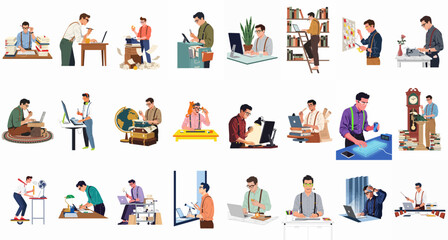Fototapeta premium Collection of diverse male characters working, studying, and engaged in creative activities in various office and home office settings, flat illustration style.