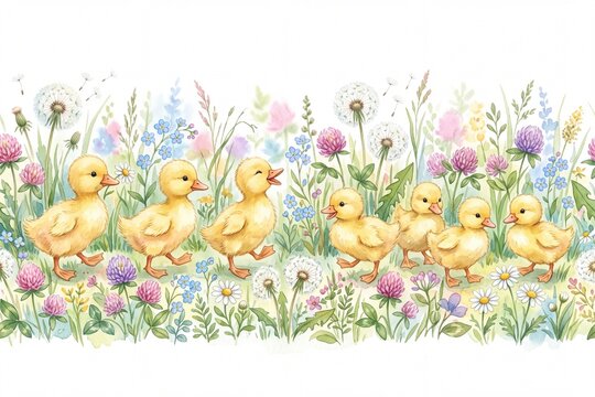 Charming watercolor illustration of yellow ducklings walking in a spring wildflower border perfect for childrens books or Easter designs