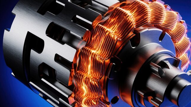 Close up internal view of brushless dc motor rotor with glowing copper coils. Energy transfer within mechanical device, motion in electrical machine.