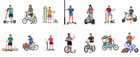 Fototapeta premium Diverse collection of people using various personal transportation methods like scooters, bicycles, skateboards, and electric vehicles in a flat illustration style.
