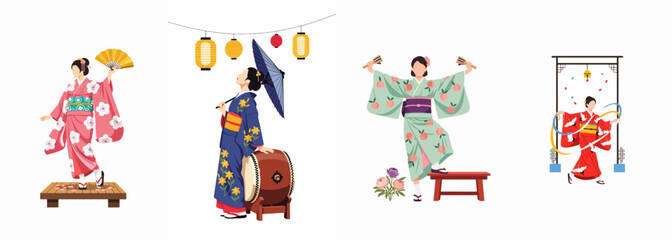 Fototapeta premium Japanese Women in Traditional Kimono with Cultural Elements: Fans, Umbrellas, Drums, and Lanterns Illustration Set