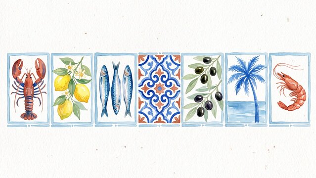 Hand-painted watercolor collection of Mediterranean elements featuring seafood lemons olives a palm tree and traditional tile ideal for travel and foo
