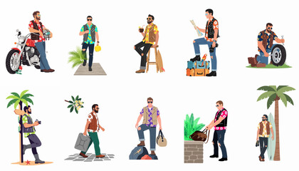 Fototapeta premium Diverse collection of vector illustrations featuring rugged men in various poses including biking, traveling, and beach activities on a white background.