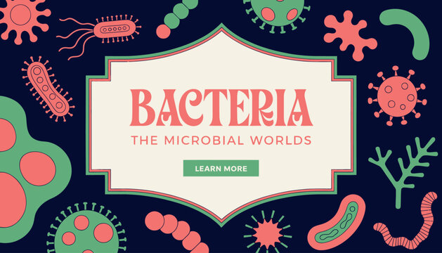 Abstract Bacteria and Microbe Illustrations on Dark Blue Background - "Bacteria The Microbial Worlds" Text and "Learn More" Button