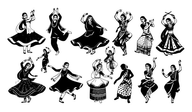 Indian Women Folk Dance Performers in Traditional Costumes Vector Collection