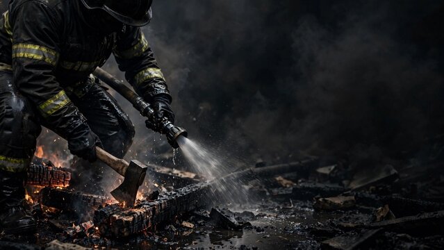 A firefighter swings an axe to douse flames, showcasing the critical role of fire safety during Fire Prevention Week