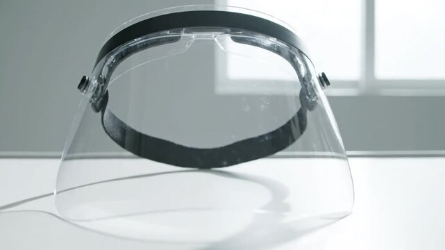 A clear face shield protective equipment sitting on a white table in a bright studio environment