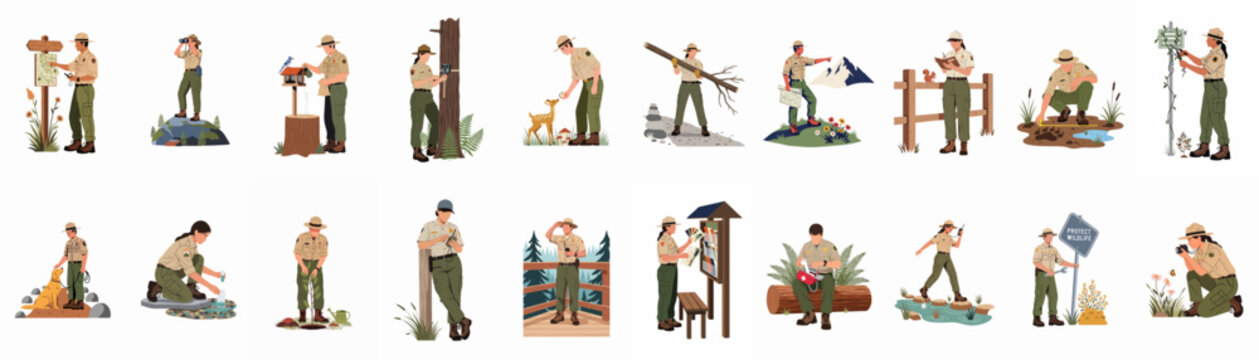 Collection of Forest Ranger Character Illustrations Performing Various Outdoor Maintenance and Wildlife Conservation Tasks on a White Background