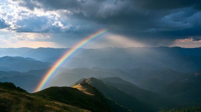 A stone church sits on a mountain peak under a dramatic stormy sky with a vibrant rainbow arching over the landscape