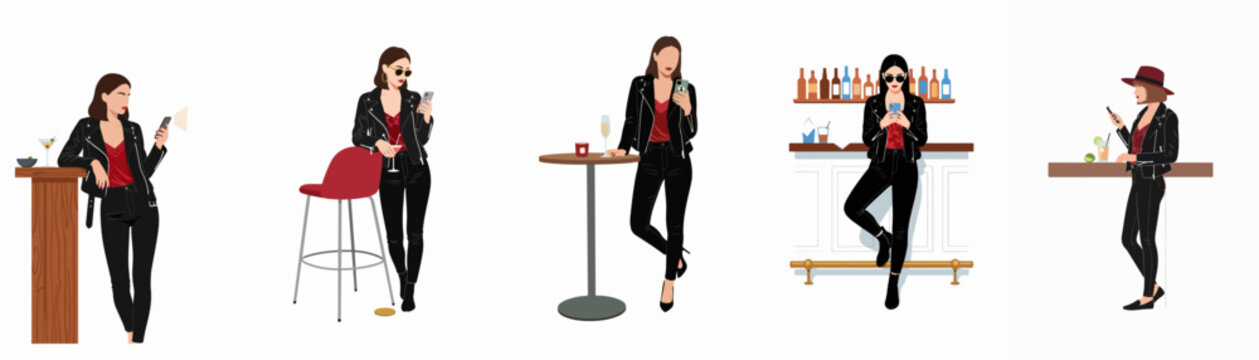 Set of five stylish woman illustrations in leather jacket and red top standing at bar counters and tables, using her smartphone.