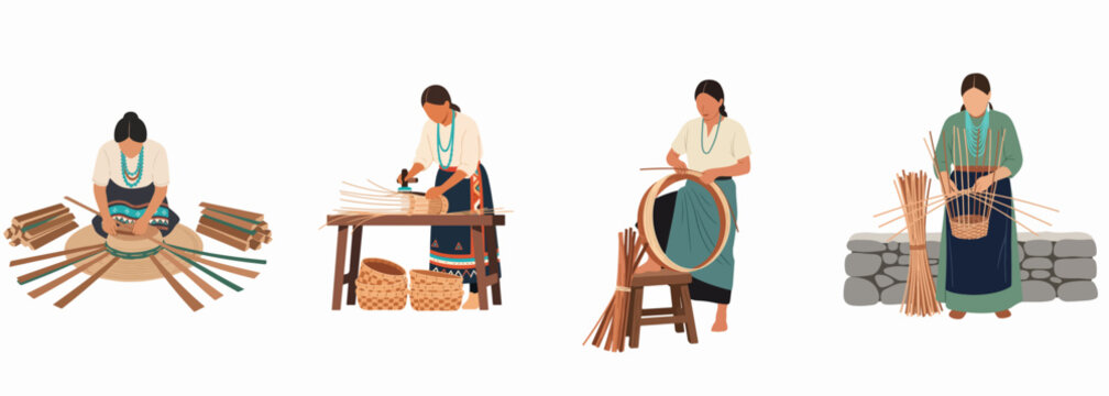 Illustration set of indigenous women practicing traditional basket weaving and artisanal crafts, showing various stages of the process on a white background.