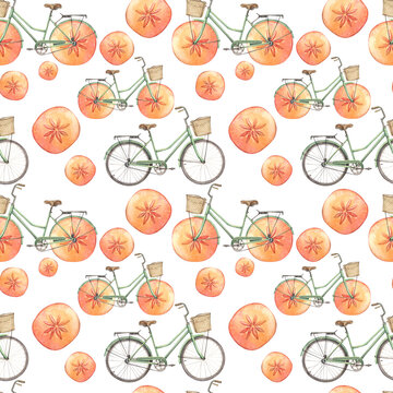 Watercolor seamless pattern with hand-drawn bicycle with wheel - orange persimmon fruit slice on white background. Vintage transport for summer walking. Art for sketchbook. Wallpaper or wrapping