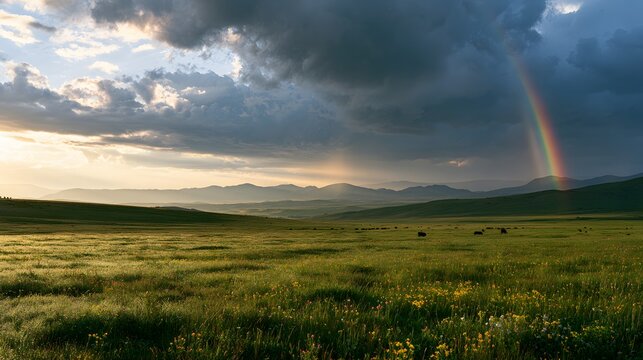 Stunning landscape with a vibrant rainbow over a lush green meadow and distant mountains during a golden hour sunset