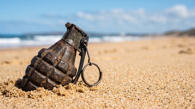 An old rusty hand grenade resting on the sand of a sunny beach.