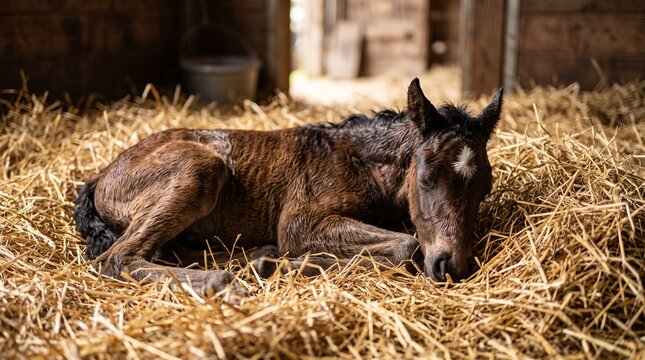 A cute newborn foal resting comfortably on a bed of dry straw inside a wooden stable.