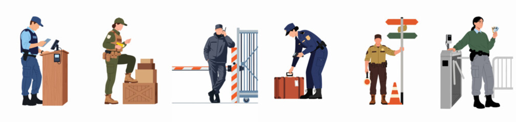 Obraz premium A set of illustrations showing different security, customs, and border control officers performing various inspection and monitoring tasks on a white background.