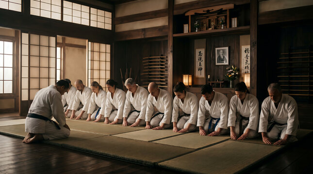 Group of martial artists bowing in respect before training session in traditional dojo Generative AI