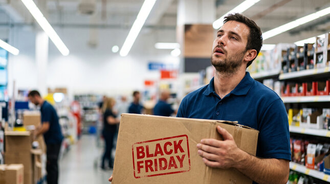 Exhausted male employee carrying heavy box in retail store