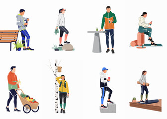 Fototapeta premium Diverse flat vector characters performing various outdoor, fitness, and lifestyle activities including hiking, gardening, and traveling, isolated on a clean white background.