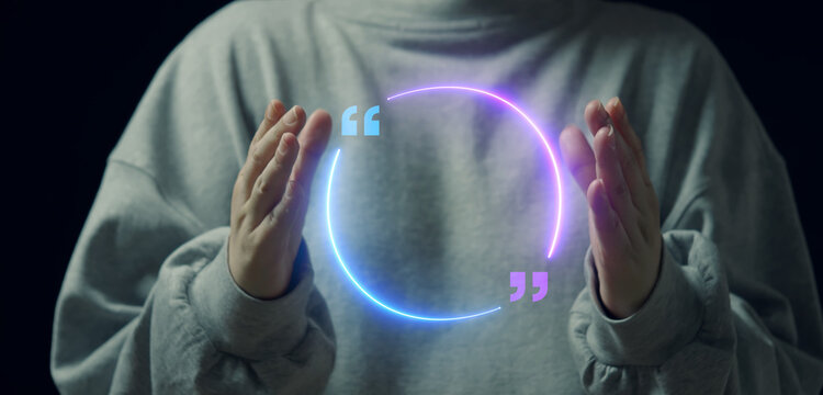 Woman open hands framing glowing circular neon quotation mark speech bubble border template. Customer feedback testimonial, online message review frame, and dialogue quote mockup concept.