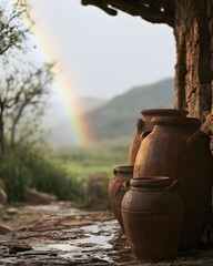 Obraz premium Traditional clay jars on a wet stone floor with a rainbow over a green valley