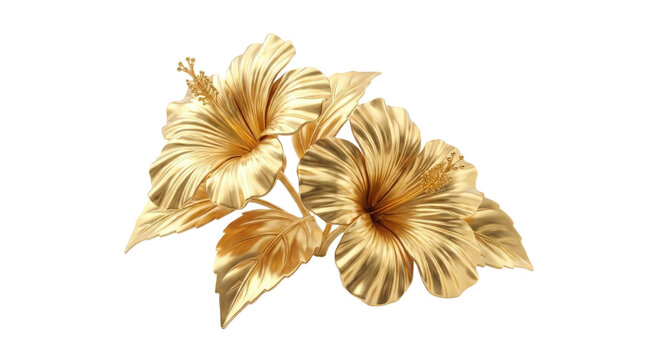 Pair of golden hibiscus flowers 3D render isolated on white background