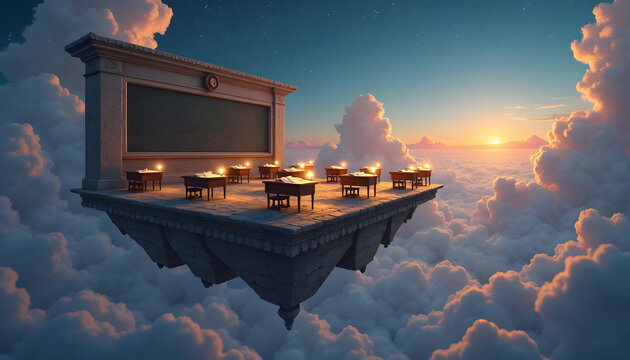 Floating Stone Platform with Blackboard and Candlelit Desks Above Clouds at Dawn