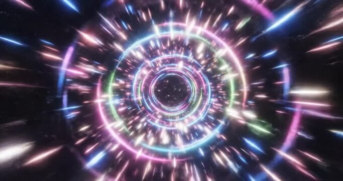Abstract neon glowing rings of light forming a circular portal on a dark background. 4K Video