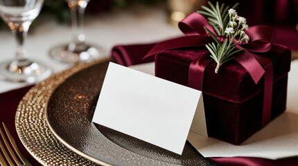 Fototapeta premium Elegant table setting features velvet gift box with ribbon and rosemary. Blank name card sits on charger plate. Formal event, dinner, or wedding reception detail.