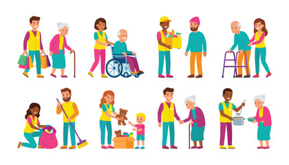 Fototapeta premium Volunteering and Social Care Vector Character Set Featuring Volunteers Helping Elderly People with Groceries Wheelchairs Cleaning Soup Kitchen and Donation Activities